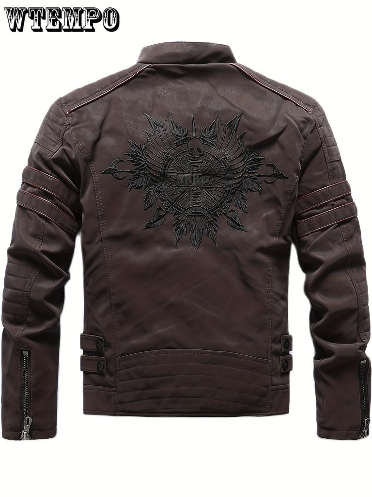Jaqueta de motociclista retrô PU, jaqueta de couro sintético casual masculina com gola alta
