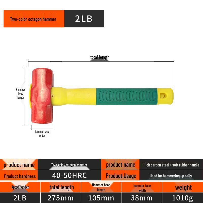 Osmihranné kladivo se čtvercovou hlavou s dřevěnou rukojetí, ideální pro těžké demoliční a zednické práce.