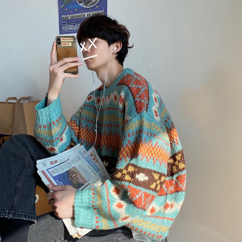 

2024 Ethnic Round Neck Men s Sweater - Autumn/Winter Trendy Korean Style Knitwear for Couples Extra Large озеро синього кольору