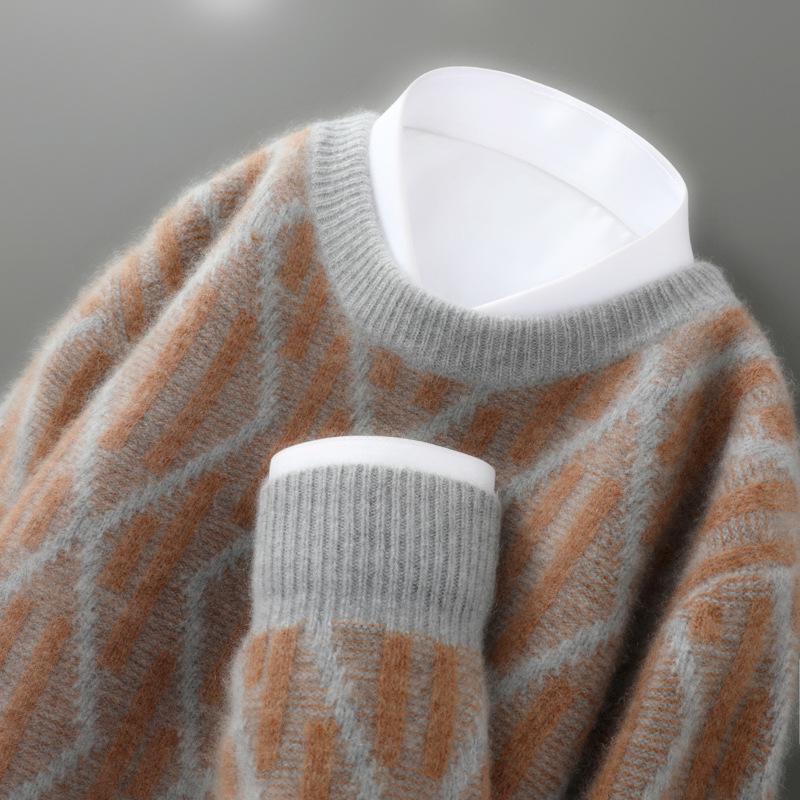 Men s Color Block Wool Jacquard Sweater - Round Neck, Thickened Knit Pullover 3XL