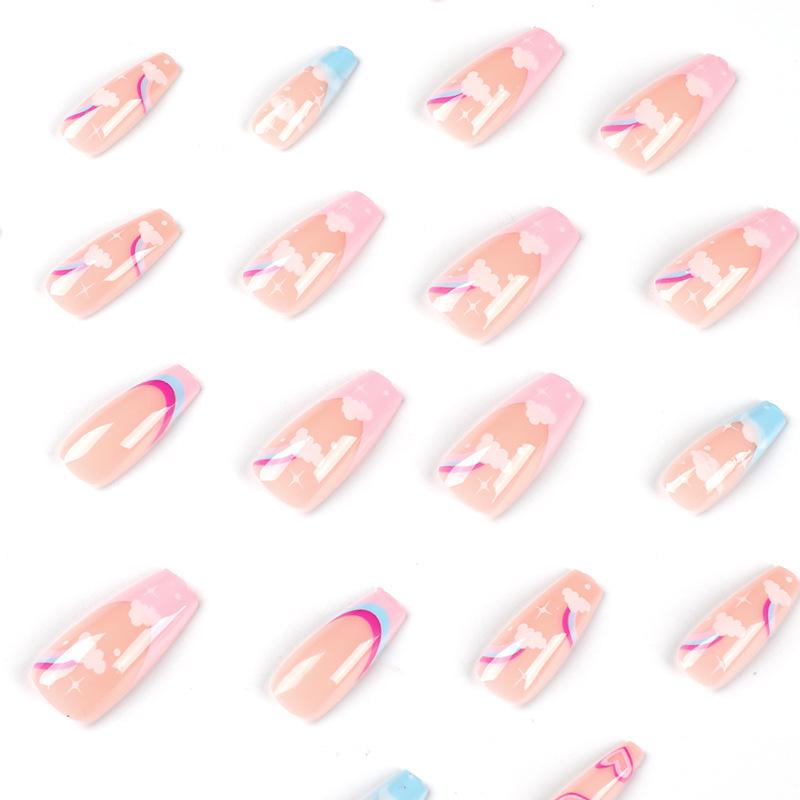 Rainbow Cloud Heart Ballet Multicolor Press-On Nails - Medium Length and Removable