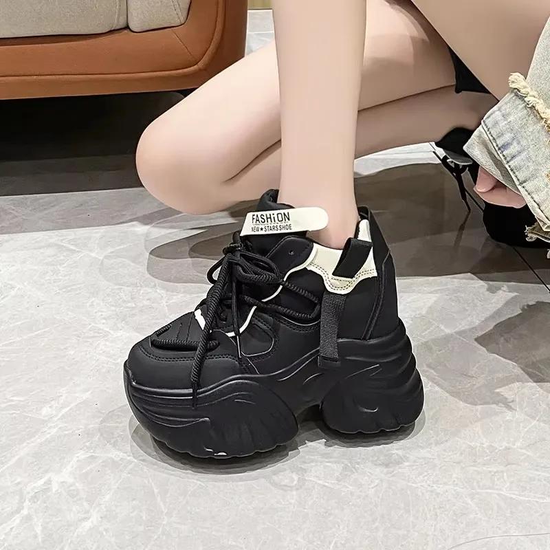 Fashion Women Walking Sneakers Autumn Lace-up High Platform Chunky Shoes Breathable Leather Shoes 10.5CM Winter Wedge Heels Casual Shoes