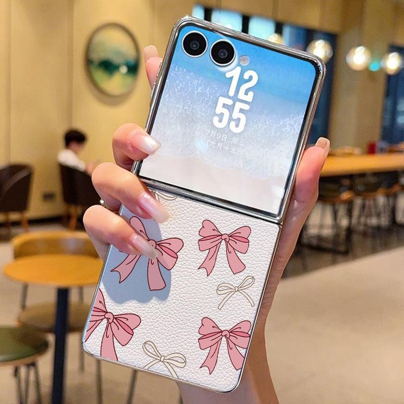 Pink Bowknot Print PU Leather Phone Case For Samsung Galaxy Z Flip7 FE Flip6 Flip 7 6 5 5G Silver Plating Frame Hard Back Cover