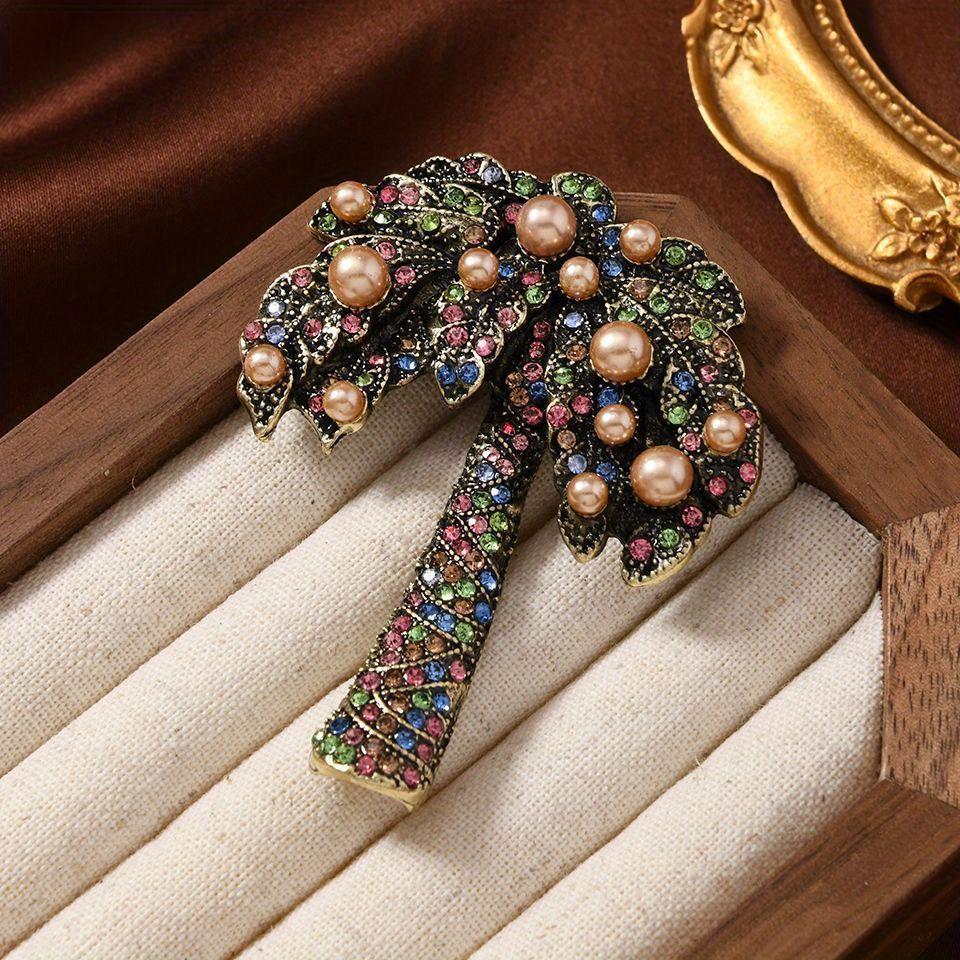 Women Men Fashion Crystal Heavy Industry Coconut Palm Brooch Pin Elegant Vintage Lady Plant Badges