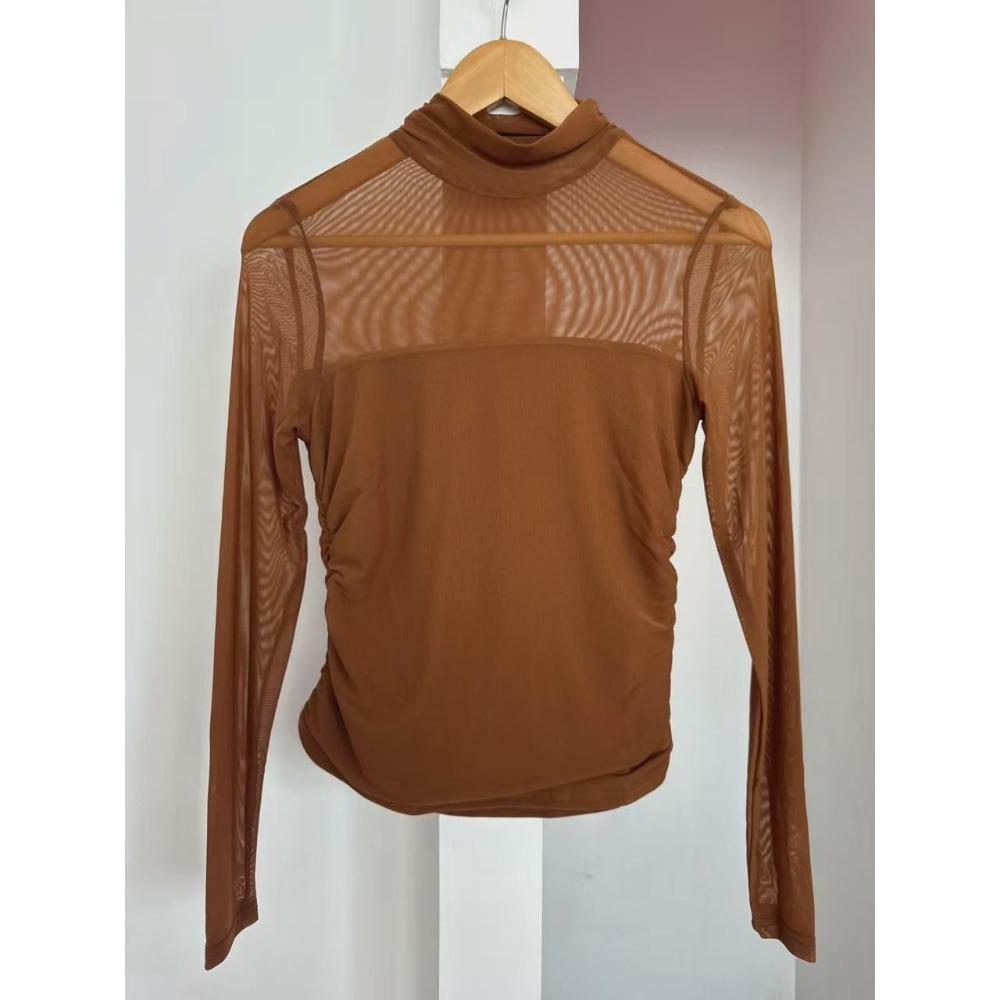 Women's Semi High Neck See Through Long Sleeved T-shirts with Sexy Mesh Top
