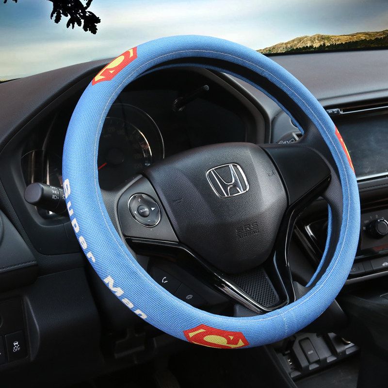 Car Steering Wheel Cover D-Shaped Handlebar Cover Summer Breathable Non-Slip Sweat-Absorbent Linen All-Season Universal Cartoon Cute for Women