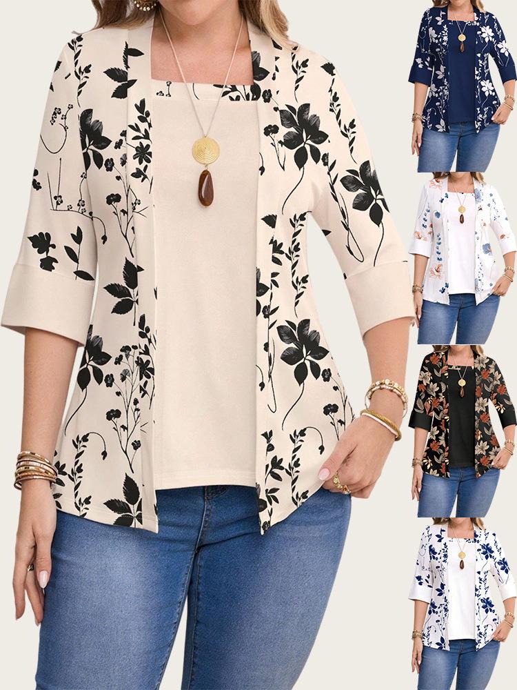 2025 Plus Size Floral Print Casual Two-Piece Seven-Sleeve Top for Women