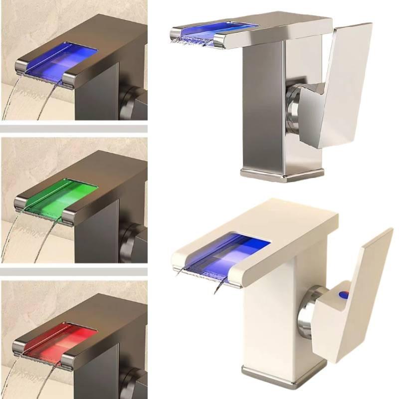 Led Bathroom Rgb Sink Mixer Tap Temperature Sense Waterfall Faucet Change Color