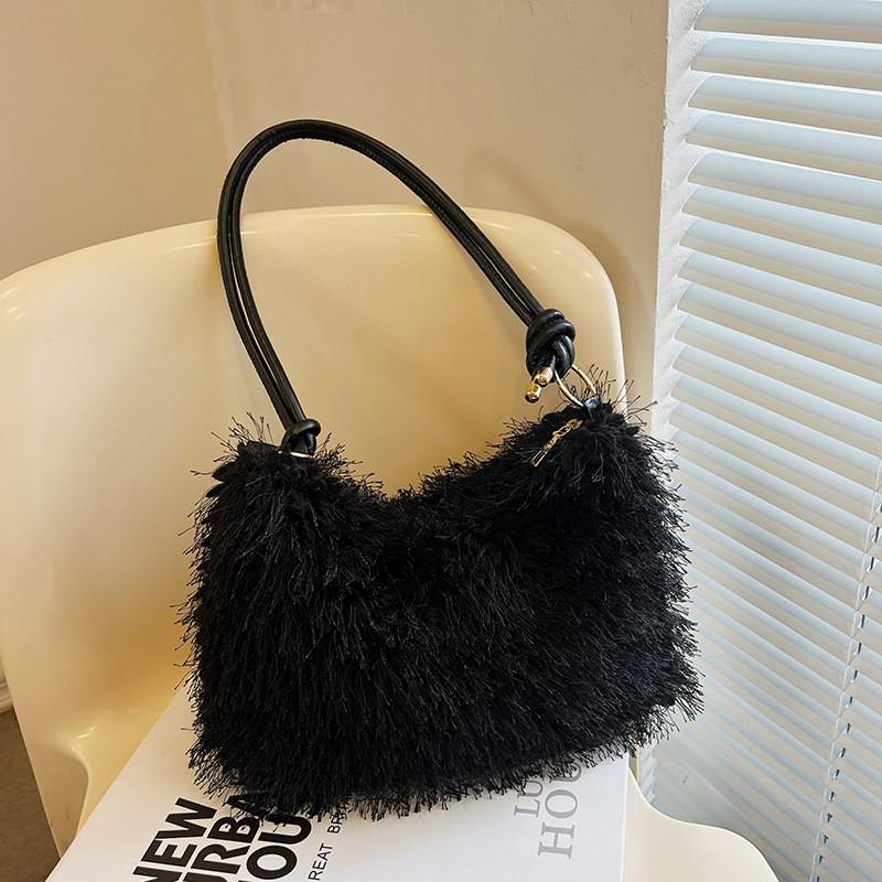 Chic Vintage Plush Handbag For Women Stylish Simple Shoulder Bag In Black White Pink