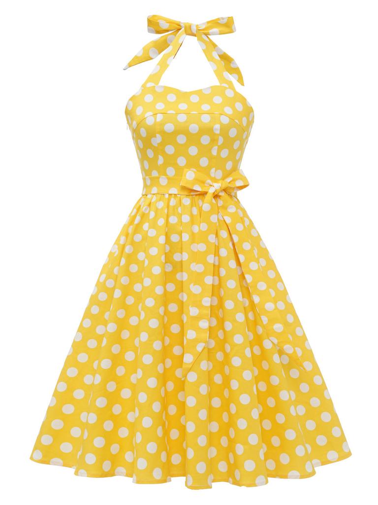 Vintage Polka Dot Cotton Dress With Tie Back And Offshoulder Design For Women