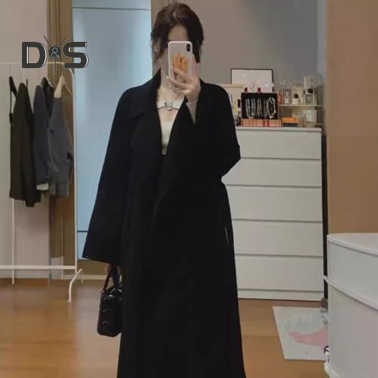 Sobretudo de inverno feminino com cinto, gola virada para baixo, bolsos, cardigan de cor pura, casaco de comprimento médio, mangas compridas, térmico, para deslocamento, namoro, casaco de inverno