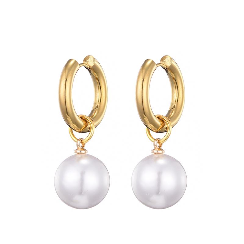 Classic Big Imitation White Pearl Drop Round Stainless Steel Hoop Earrings For Women Gold Copper Color Zircon Earrings Gift
