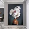 Pink Floral Woman Canvas Art Printd Blue Bird and Woman Wall Art Painting Fashion Abstract Art Woman with Flower Head Home Decor