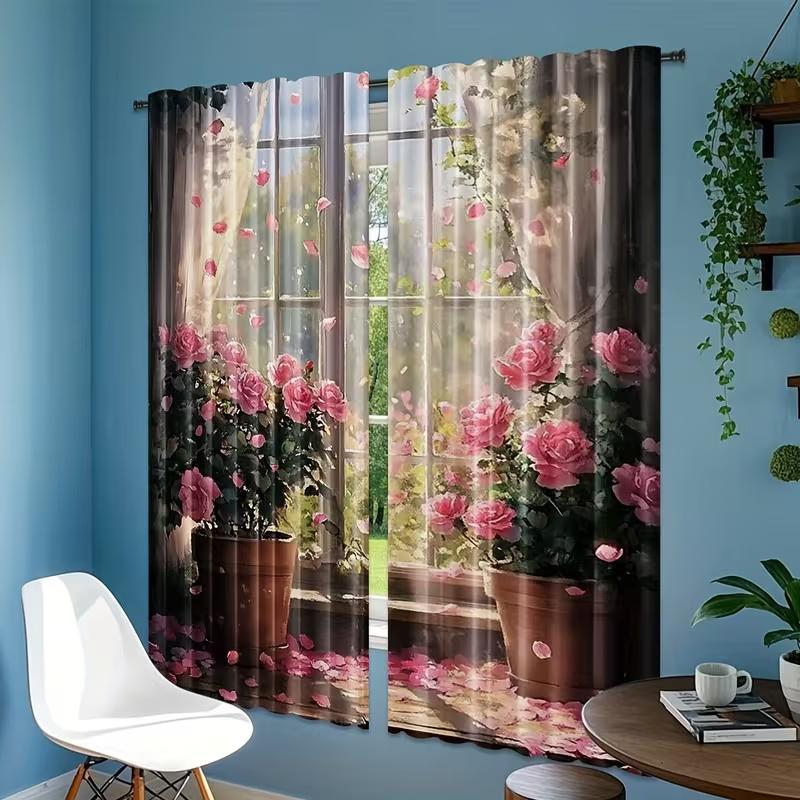 2 Pcs Windowsill Rose Print Curtains,suitable for Bedroom,living Room Kitchen Decoration,home Decoration,window Decoration