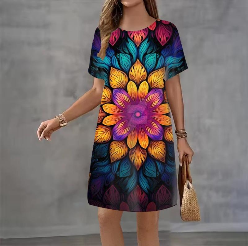 Fashion 3D Print Summer Dress Loose Casual Short Sleeve O-Neck Mini Dress