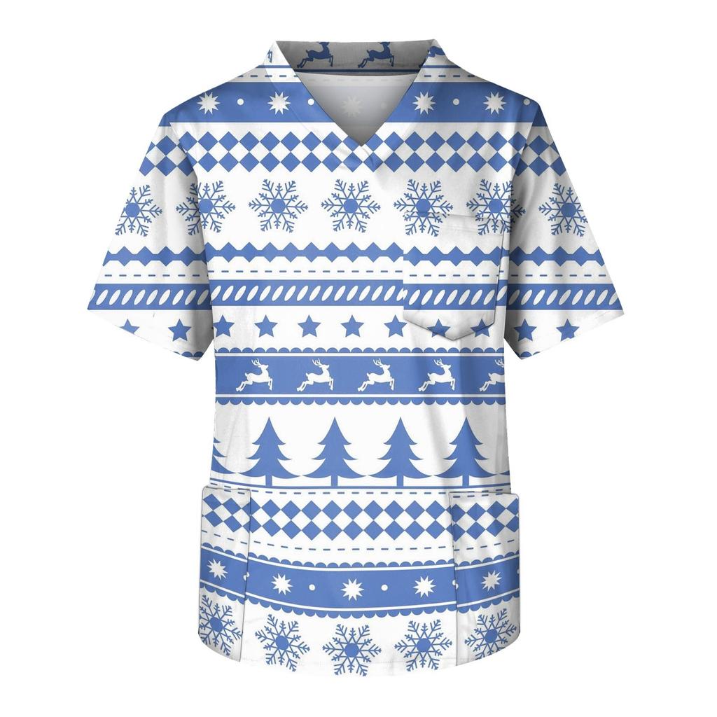 Heren Korte Mouw V-Hals Kerstprint Borstzak Zorgtop