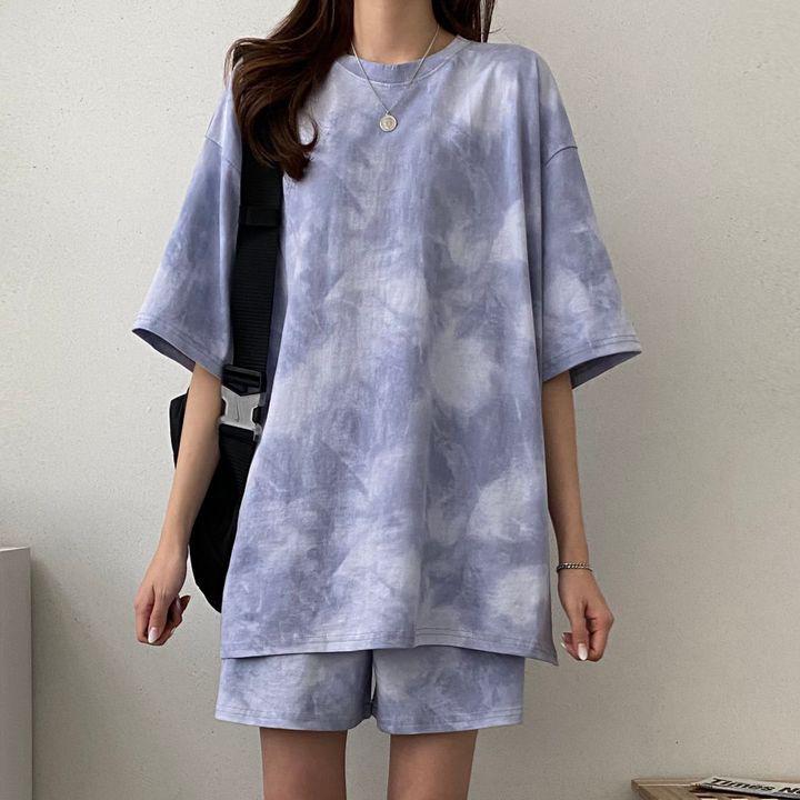 Roztomilý dívčí letní dvoudílný set s kulatým výstřihem 2024 - Krátký rukáv, 5 barev, Ležérní sportovní oblečení pro ženy