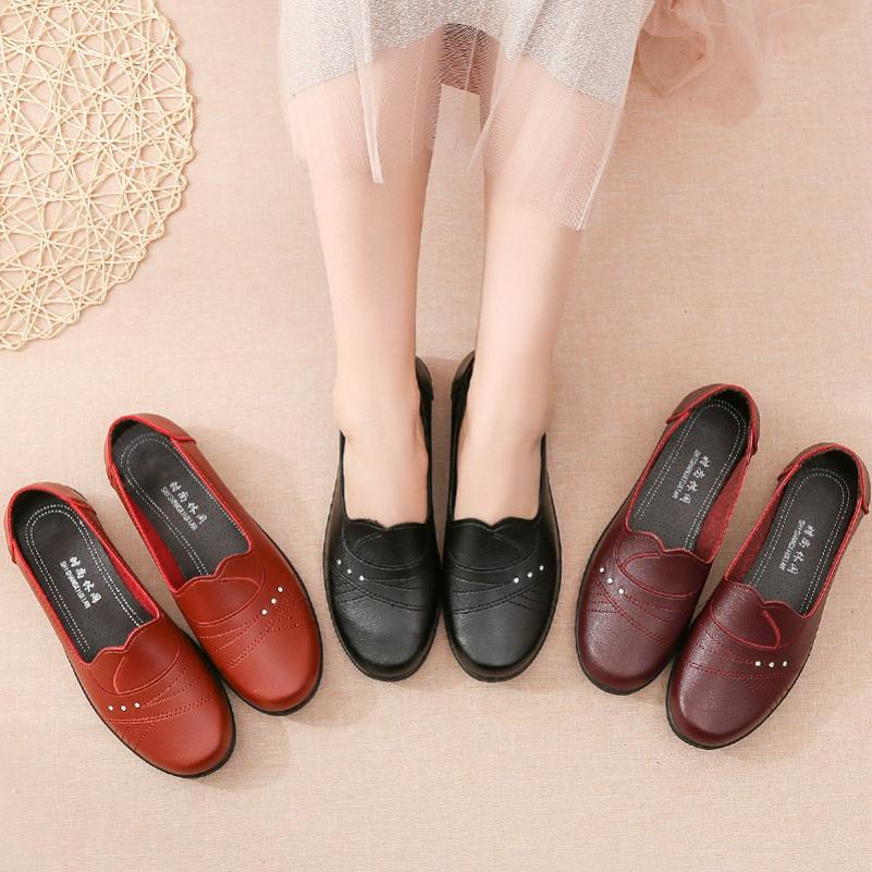 One-step Mother Shoes, Single Shoes, Women's Shoes, Soft-soled Non-slip Breathable Leather Shoes, Flat-bottomed Women's Shoes, Spring and Autumn