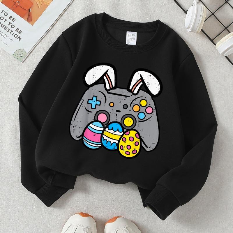 Kids Crewneck Long Sleeve Sweatshirt, Easter Bunny Game Controller & Easter Eggs Print