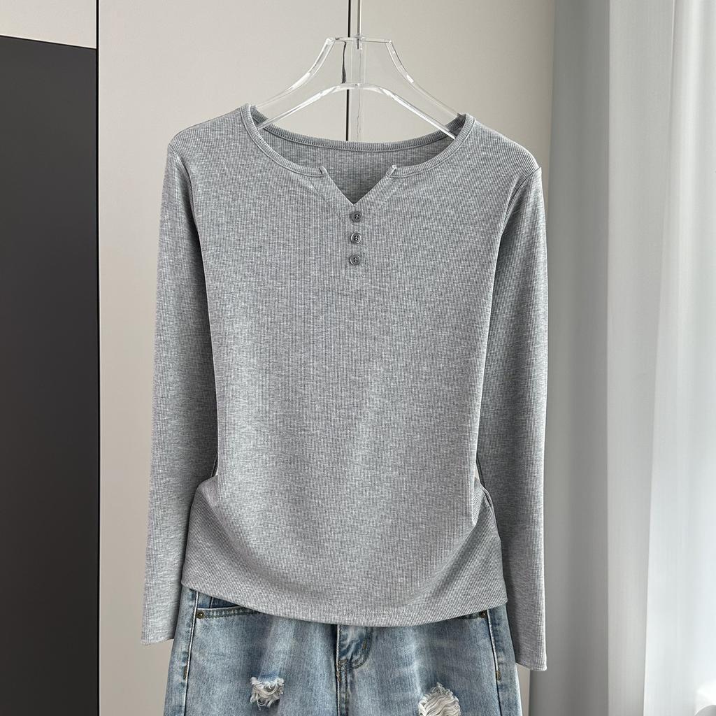 Stylish Long Sleeve T-Shirt Ribbed Slim Standard Shoulder Top For Autumn Stretchy Slim Base Layer Soft Ribbed Fabric Good For Inner And Outer Wear Top