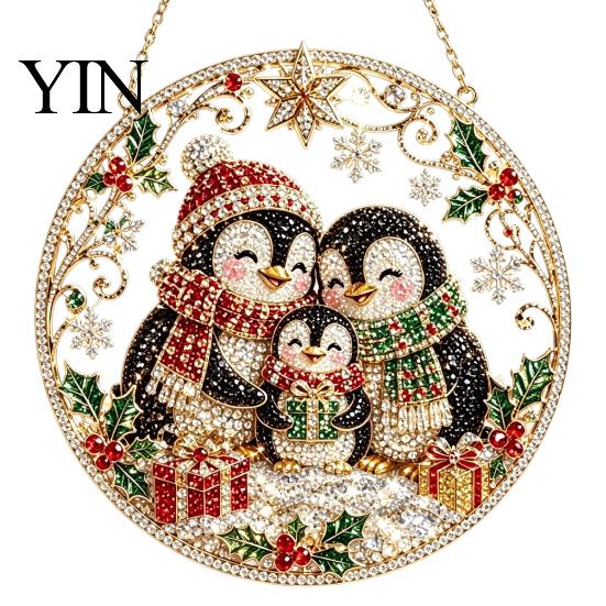 Holiday Art Decoration Christmas Faux Diamond Ornament Kit, Santa Angel Sun Catcher DIY Acrylic Detailed Printed Symbol Design Round Board,