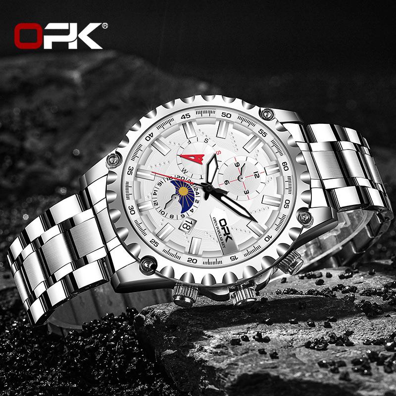 OPK 8129 Fashion Quartz Wristwatch for Man Calendar Luminous 24 Hour Moon Phase Steel Strap Waterproof Classic Men Watch