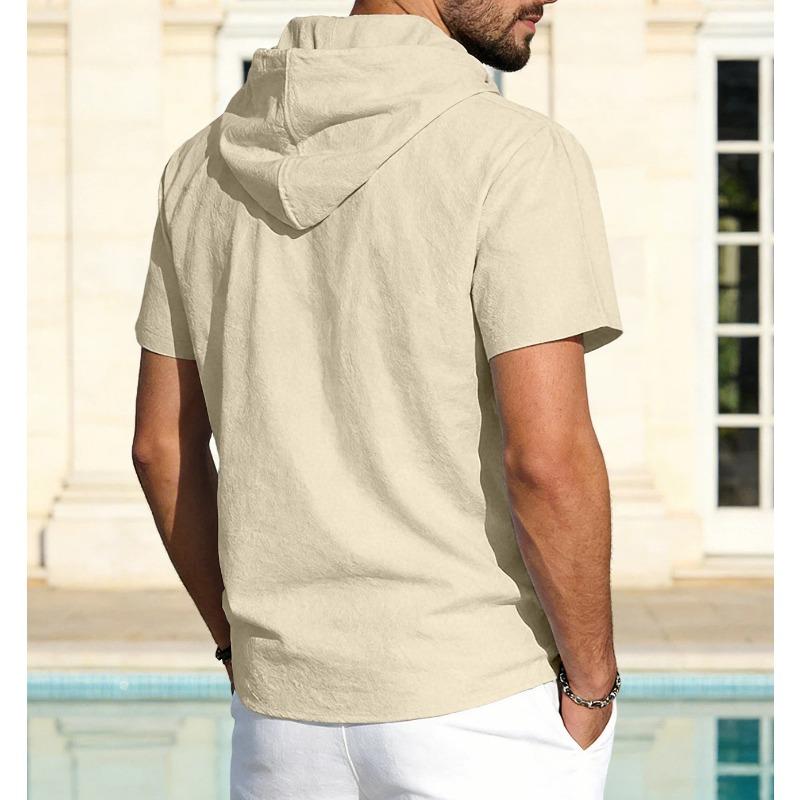 Men American Style Summer Short Sleeve Hooded Solid Color Casual Loose T Shirt
