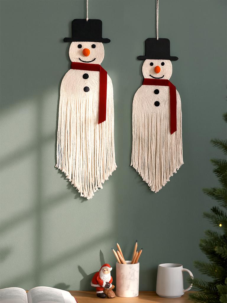 Cute Macrame Snowman Wall Hanging Decor Christmas Snowman with Tassel Design Festive Ornament for Home Wall,Xmas Tree&Party Gift