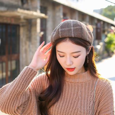 New Plaid Beret Retro British Ladies Hat Autumn and Winter Fashion Painter Woolen Tide Pumpkin Hat