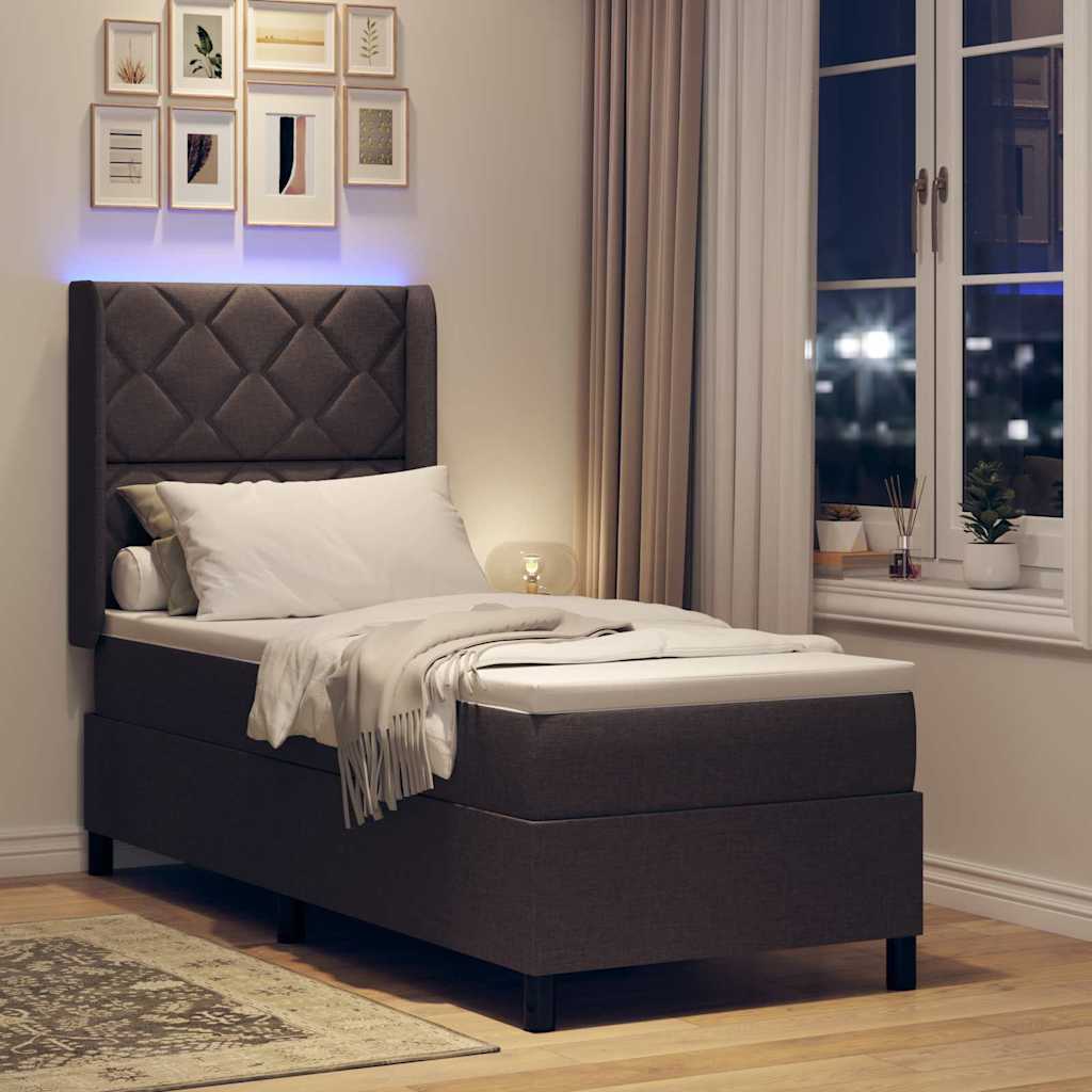 LED Box Spring Bed with Pillows Dark Brown 80 x 200 cm Fabric