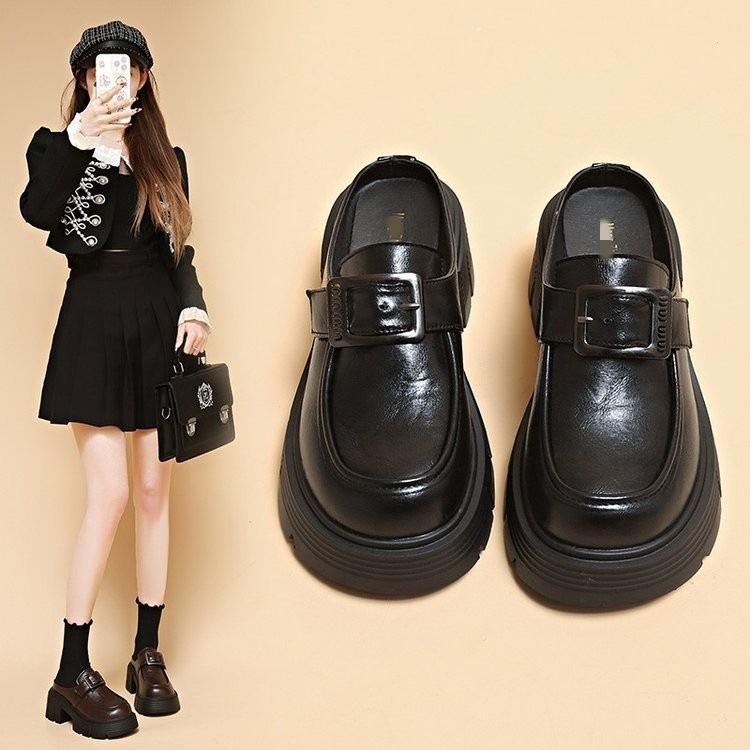 Pantofi de casă retro cu platformă înaltă, papuci la modă de primăvară cu toc gros și cataramă, papuci mocasini stil britanic