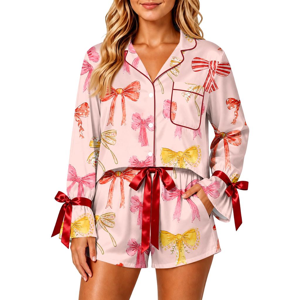 Women's Christmas Pajama Set with Button Down Shirt and Shorts Sleepwear
