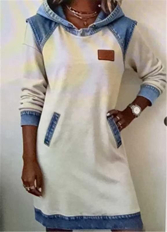 Women's Denim Spliced Hooded Sweatshirt Dress Long Sleeve Patchwork Pocket Casual Tunic Dress