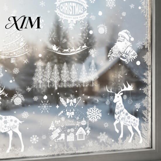 Elk Sleigh Glass Stickers 6Pcs Christmas Window Clings, Retro White Line Static Sticker for Holiday Electrostatic Film Decoration, Reusable PVC Santa