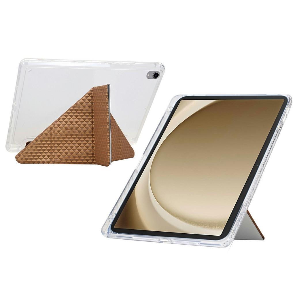 For Samsung Galaxy Tab A9+ Case Y-Fold Stand Pyramid-Patterned Leather+Clear Acrylic Tablet Cover with Pencil Holder