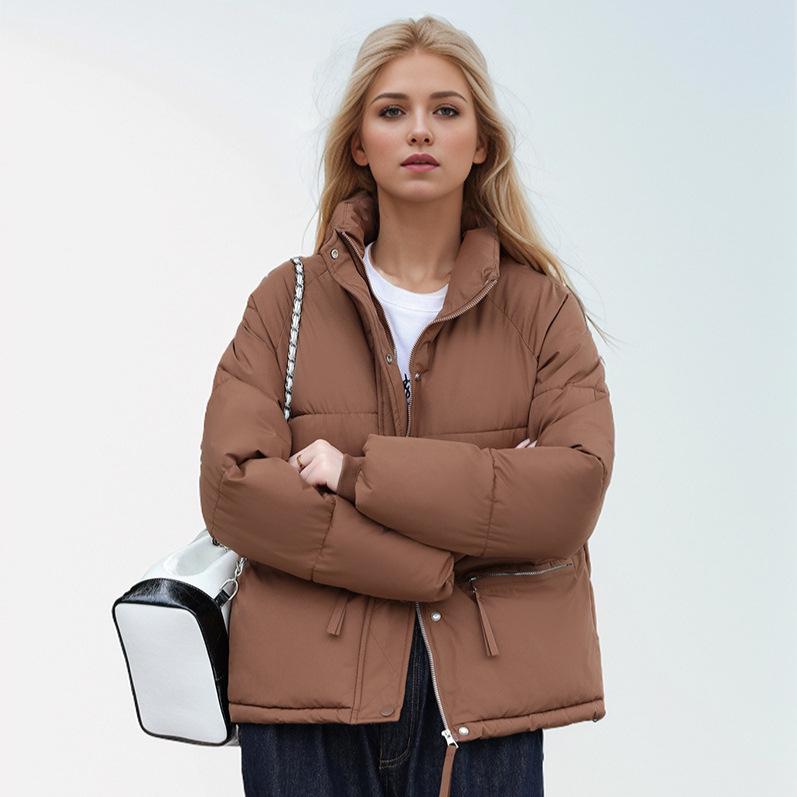 Winter Autumn Short Women Coat Stand-up Collar Thick Loose Jacket Warm Large Pocket Zipper Simple Parka