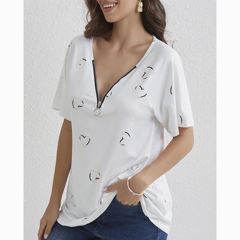 Spring Summer New Zipper Short Sleeve Shirt Women Tops Casual Love Print Pullover T-shirt Woman Fashion Elegant Loose Lady Blouse 24145