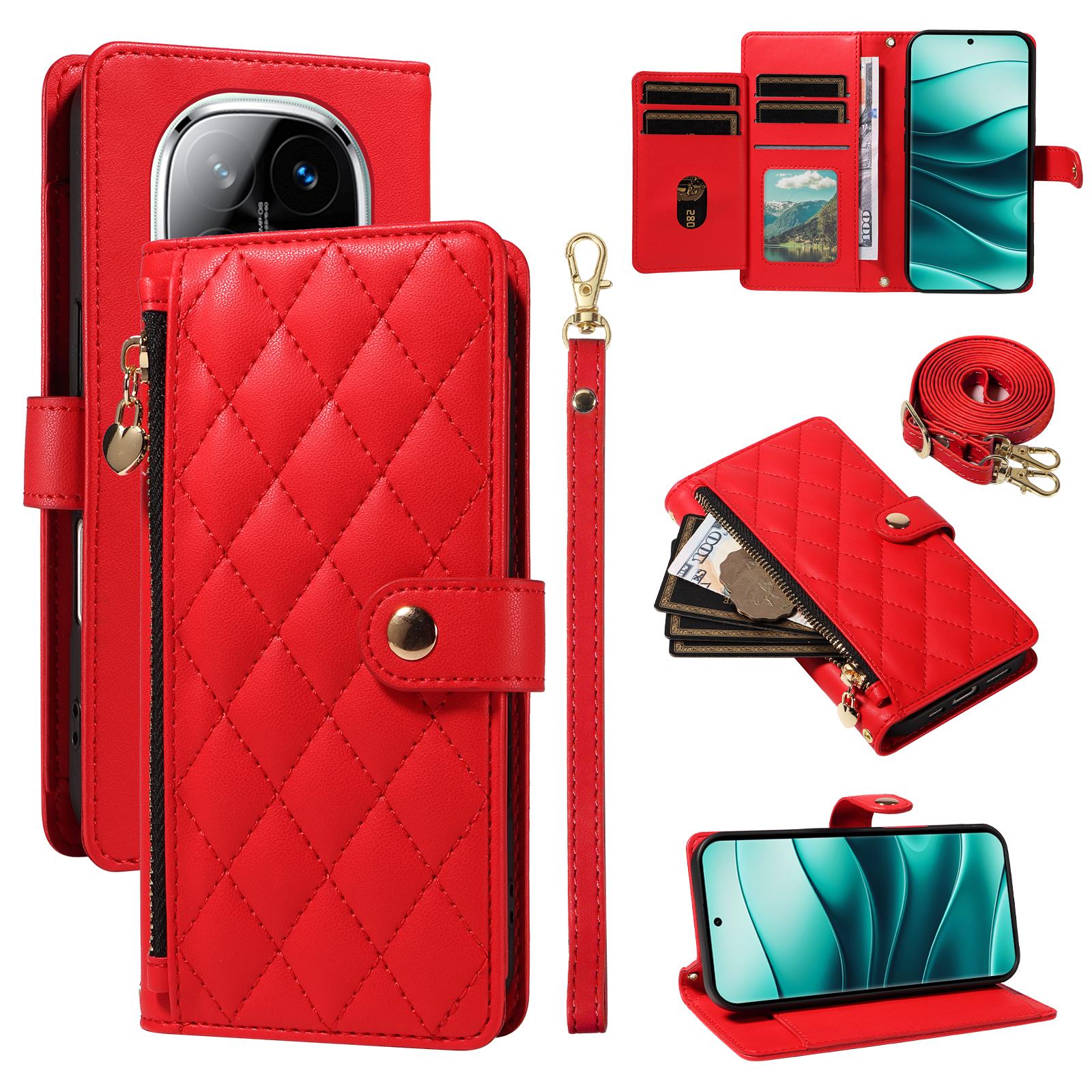 

For Xiaomi Redmi Note 14 Pro+ 5G/Xiaomi Poco X7 5G/Xiaomi Redmi Note 14 Pro 5G Wallet Case with Straps,Rhombus Leather Stand Phone Cover Red