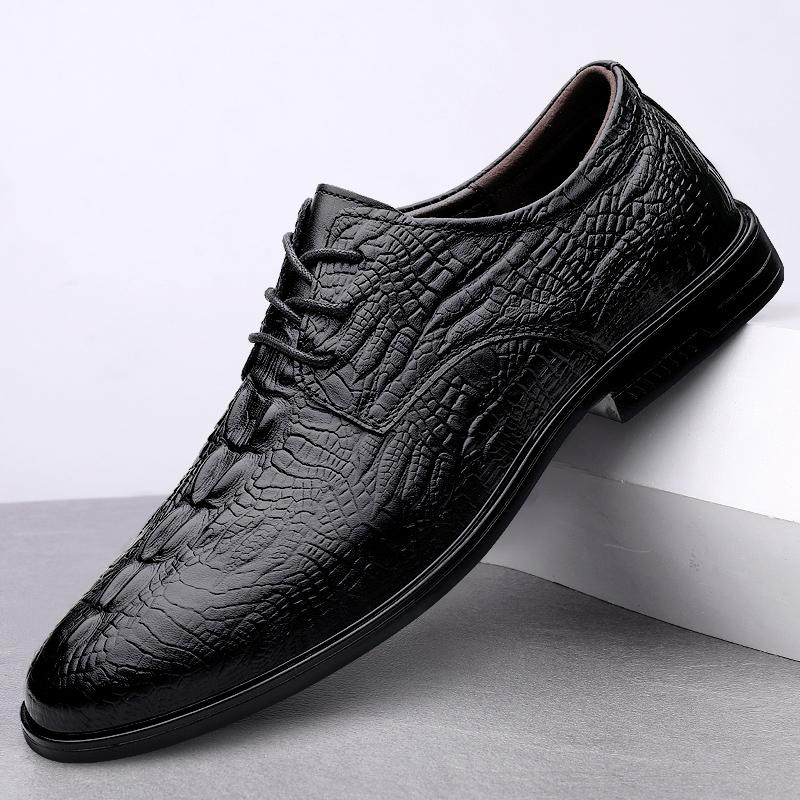 Genuine Leather Mens Casual Shoes Cowhide Business Male Footwear Comfortable Formal Dress Footwear Crocodile Pattern Derby Shoes
