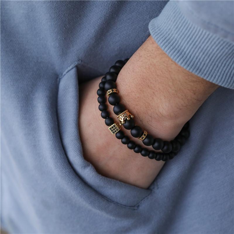 Vintage Black Agate Volcanic Stone Beaded Bracelet Summer Vacation Style Men's Natural Stone Stacked Bracelet