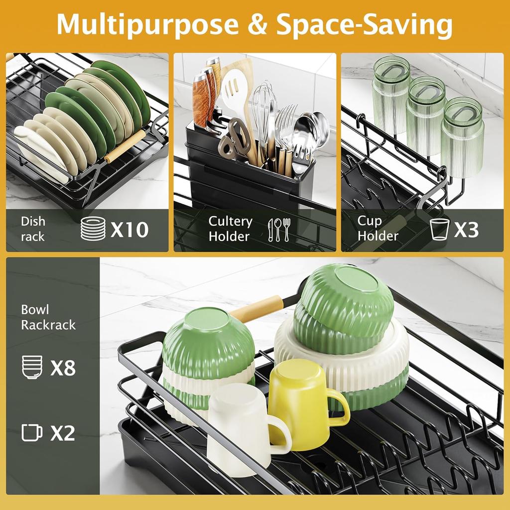 Epicano Dish Drying Rack for Kitchen Counter,Space-Saving Dish Rack,Rustproof Dish Drainer with Utensil Holder and Knife Slots for Sink,Kitchen