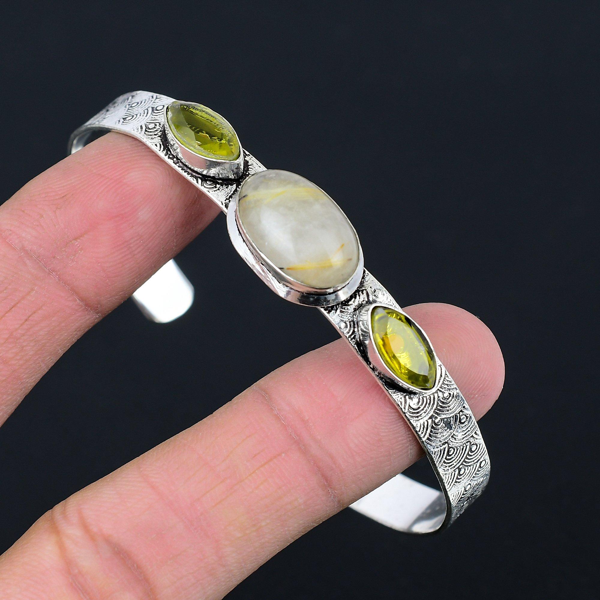 

Natural Golden Rutile Gemstone 925 Sterling Silver Bangle Adjustable For Women Adjustable