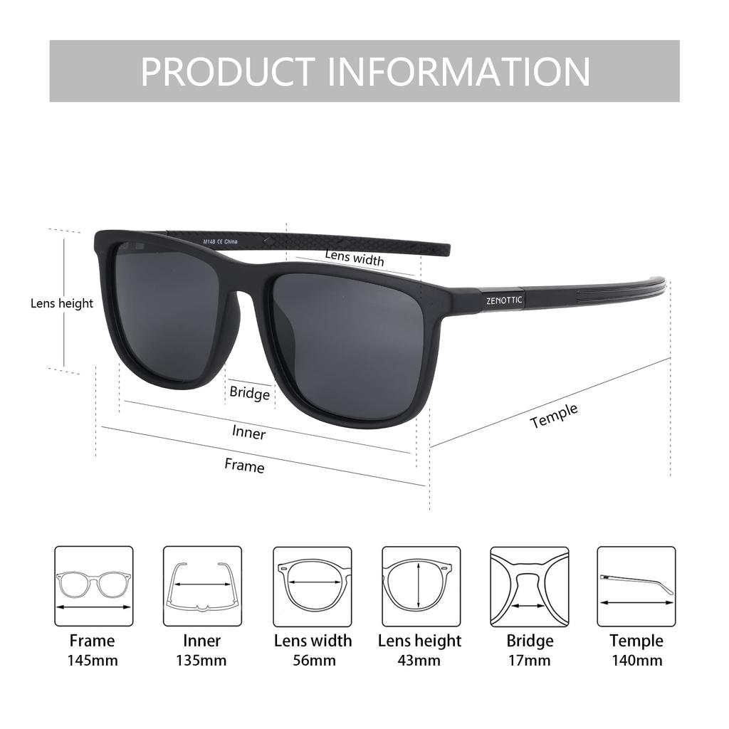 ZENOTTIC Square Polarized Sunglasses for Men - Lightweight TR90 Frame UV Blocking Shades for Driving Fishing Golf Sports