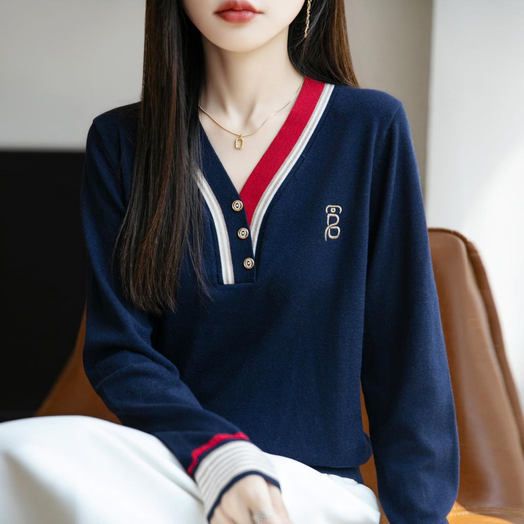 V-Ausschnitt Zweifarbig Warmes Base Layer Kontrastfarben Langärmliger Strickpullover für Damen