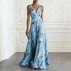 Neues ärmelloses V-Ausschnitt elegantes langes Abendkleid mit Tulpendruck für Damen, Partykleid im europäischen amerikanischen Stil