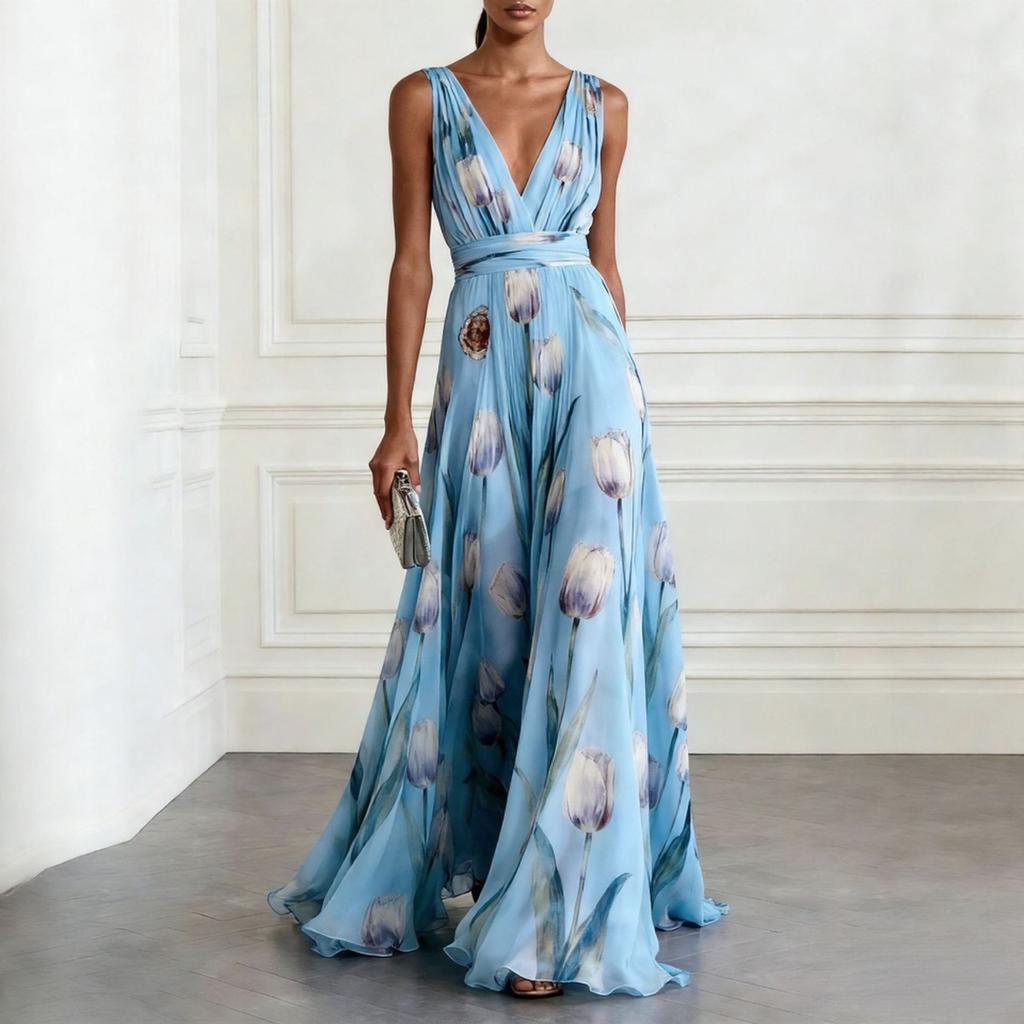 New Women's Tulip Print Sleeveless V-Neck Elegant Long Evening Dress for Women, European American Style Party Gown