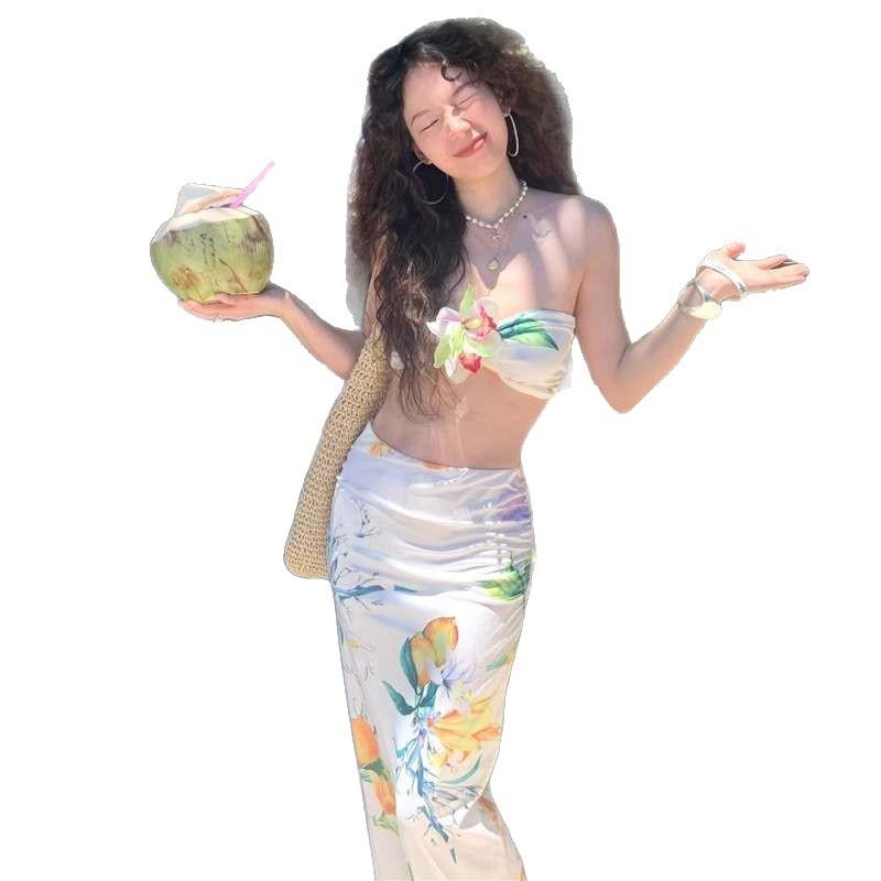 Island Vacation Beach Skirt Split Tube Top Bikini Sexy Babes Small Boobs Ins Pure Desire Wind Hot Spring Swimsuit