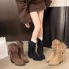 New retro wasteland fringed knight boots suede thick heel sleeve but knee middle tube stacking boots