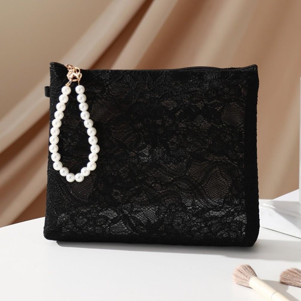 New Portable Lace Cosmetic Pouch Multifunctional with Imitation Pearl Chain Makeup Bag Wallet Travel Organizer