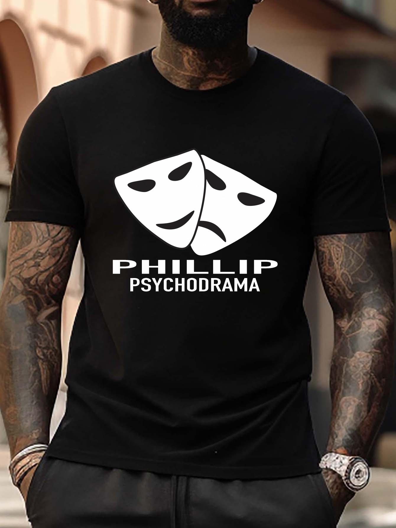 PHILLIP Plus Size Graphic T-shirt - Theatrical Mask Design & PSYCHODRAMA Print S